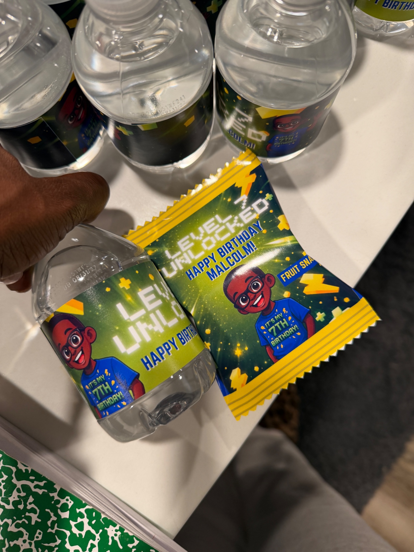 Video game themed birthday water bottle labels and fruit snack wrappers