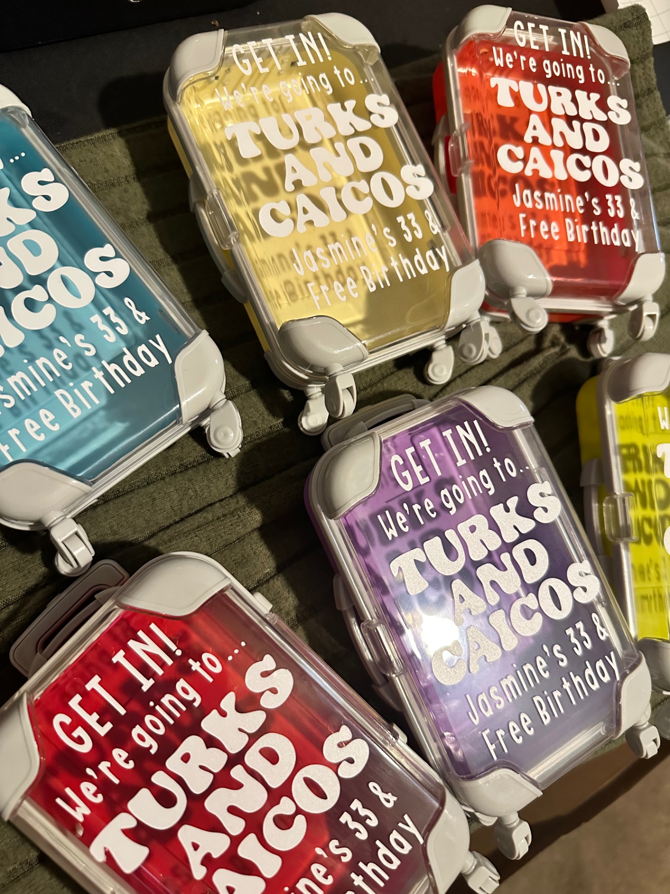 Mini suitcase party favors with personalized destination birthday lettering