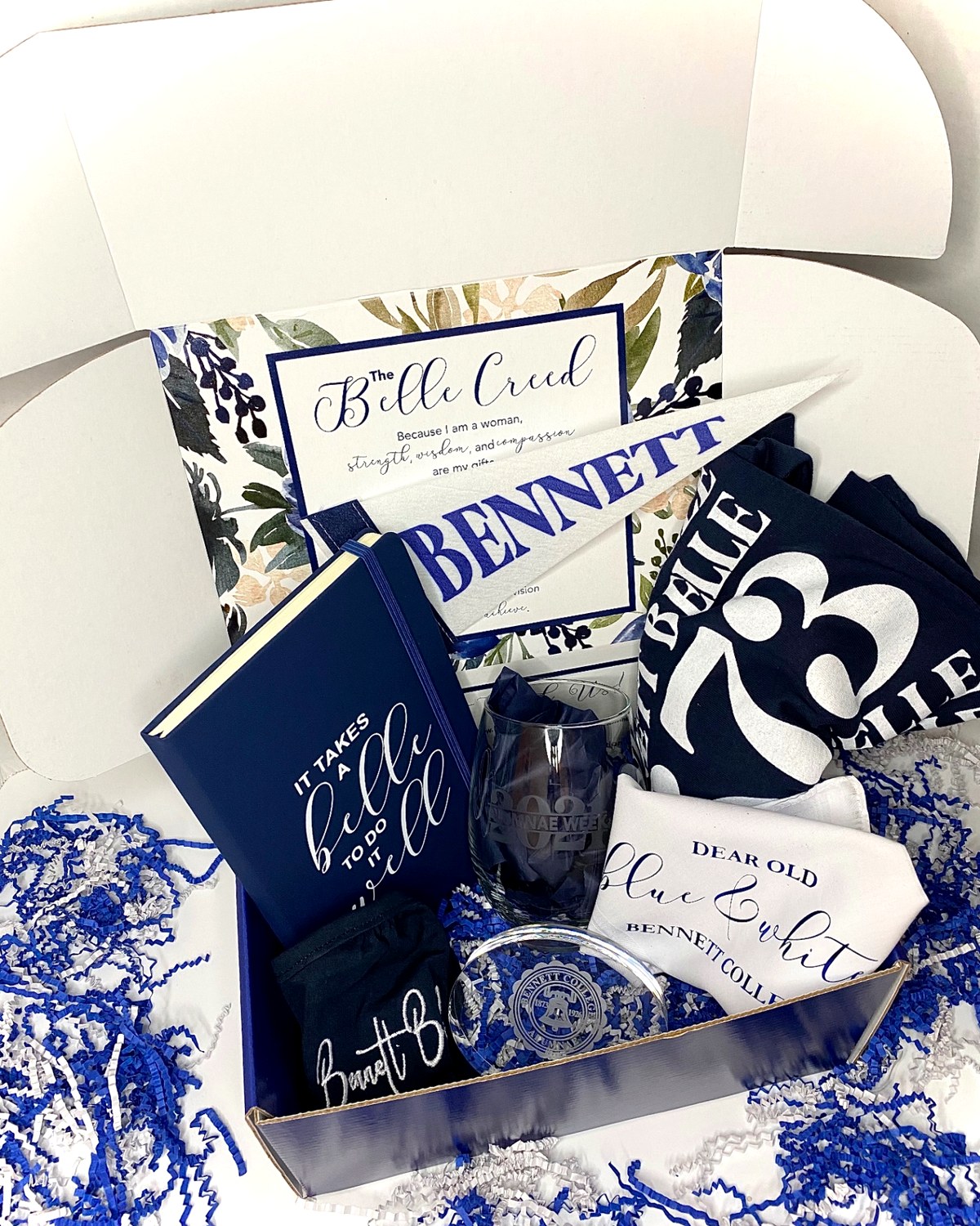 Alumnae keepsake gift box with engraved glassware, journal and printed card
