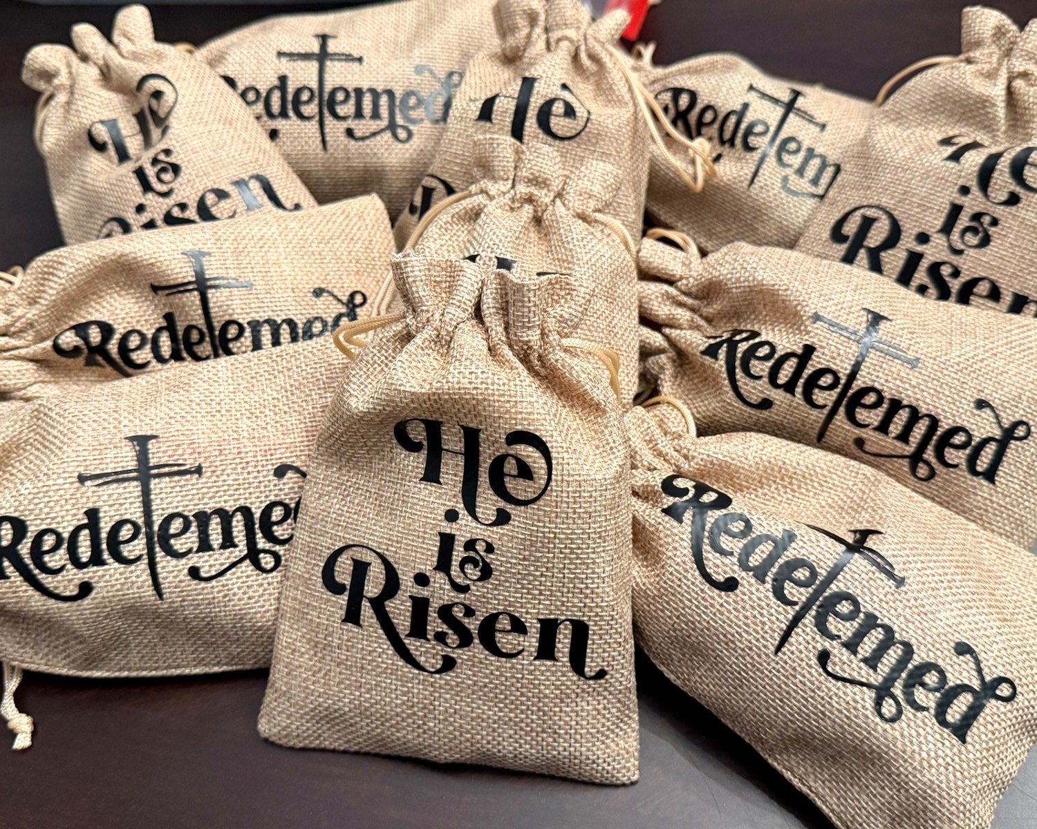Burlap drawstring favor bags with custom lettering