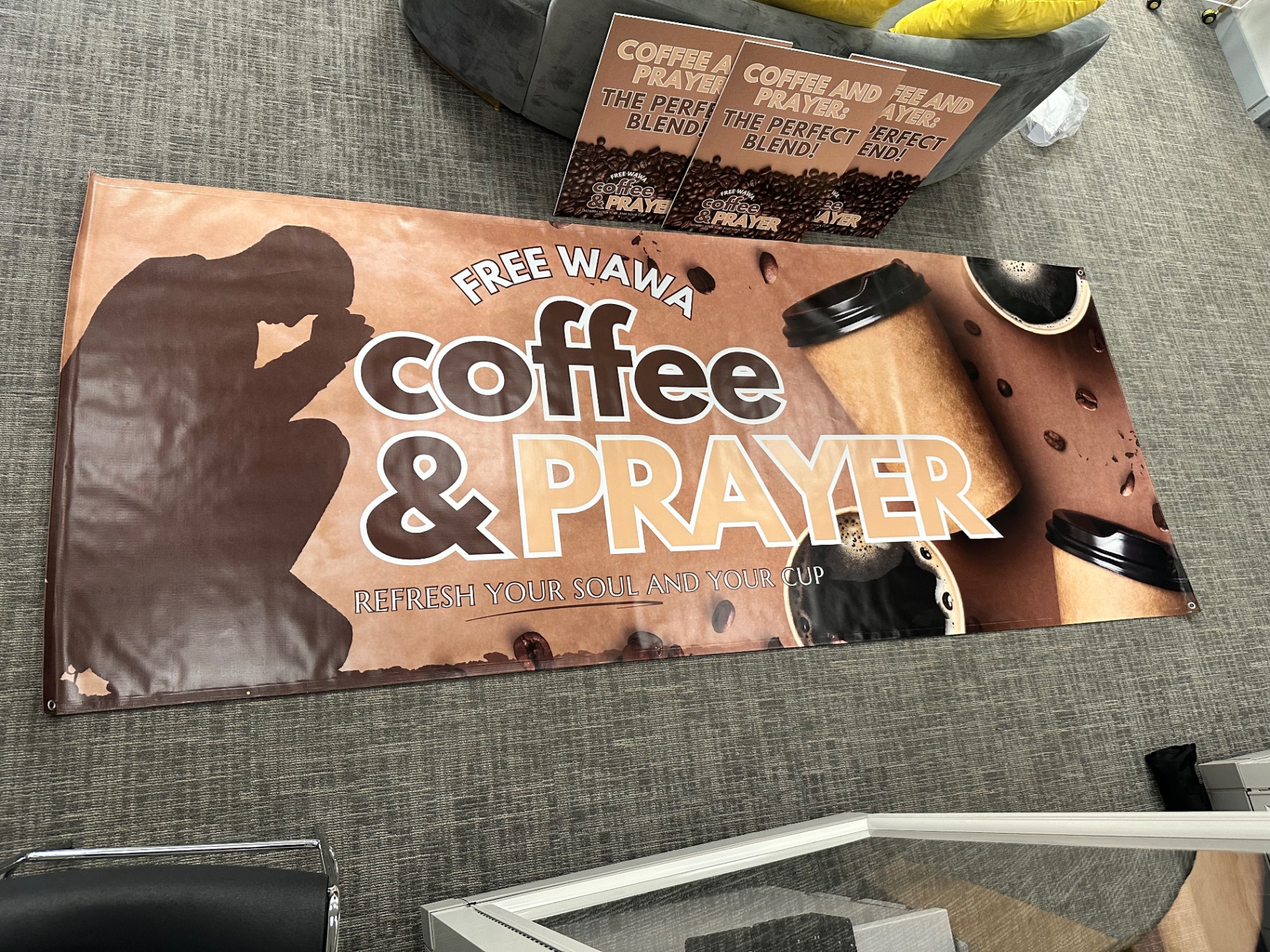Custom Coffee and Prayer event banner with coordinating printed cards
